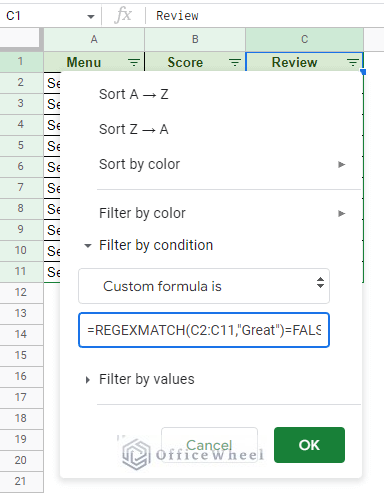 custom formula to filter if cell doesn't contain text in google sheets