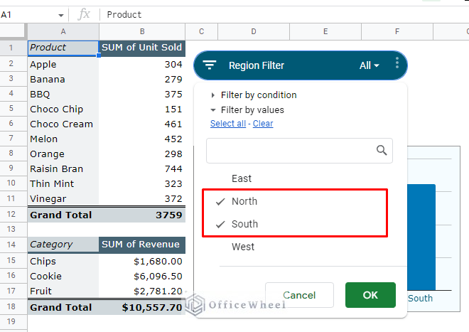 selecting the north and south values to filter