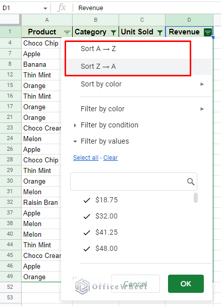 sort options in a filter menu in google sheets