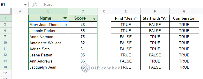 filter entries if it contains jean and starts with a in google sheets