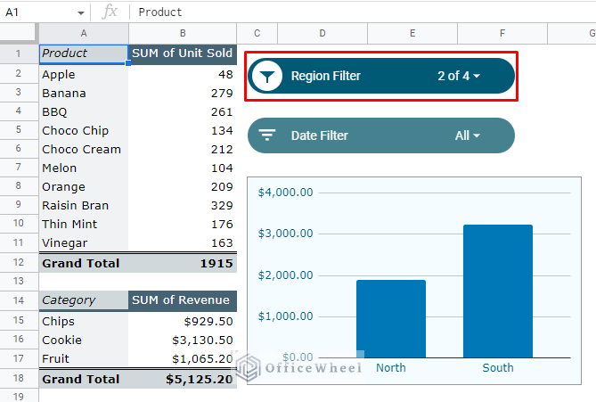filter by region values in a google sheets slicer 