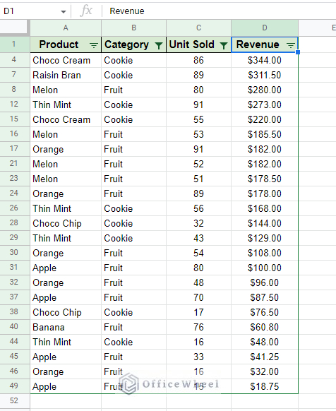 result after filter is set in google sheets