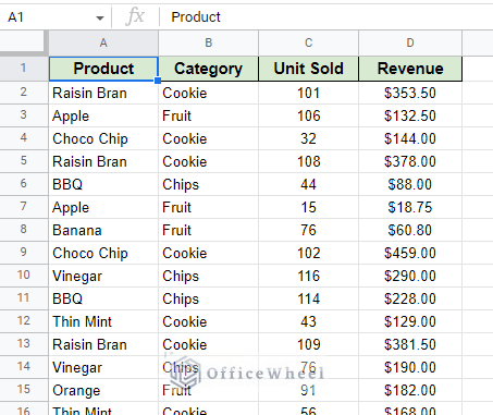 selecting any cell of the dataset