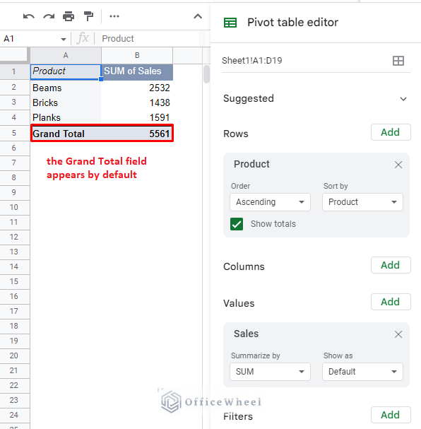 the grand total field appears by default when a pivot table is populated