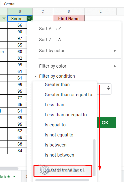 custom formula is option in the filter menu of google sheets