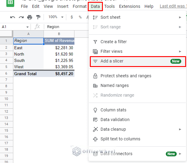 navigating to add a slicer option from the data tab in a google sheets pivot table