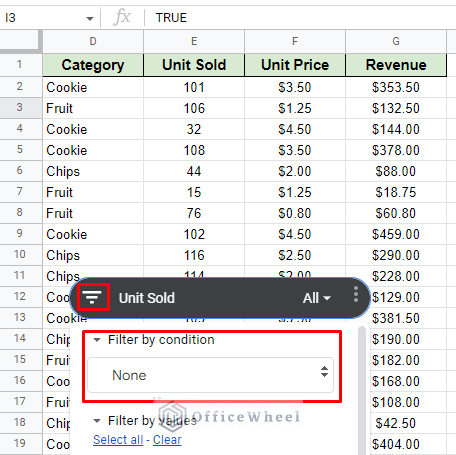 filter by condition in a google sheets slicer