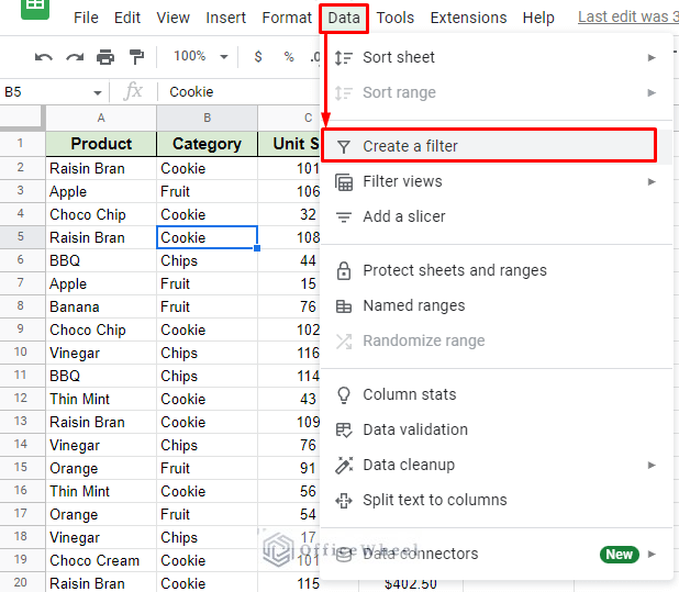 create a filter option from the data tab in google sheets