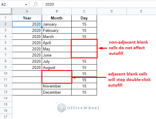 adjacent blank cells stop autofill using the double click method