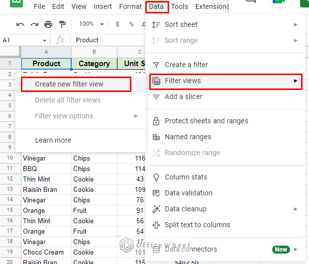 the create new filter view option under the data tab 