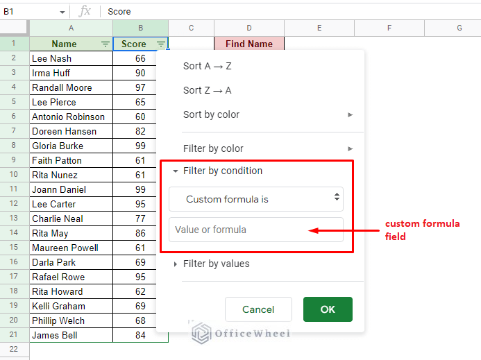 the custom formula field for filter in google sheets