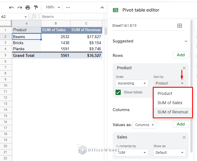 the sort by drop down contains all the value headers you want the pivot table to sort by 