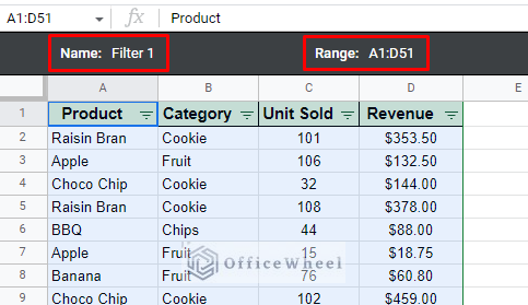 the filter view panel contains the name and range of the filter