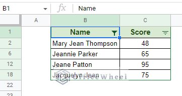 filter in text contains jean in google sheets using traditional filter 
