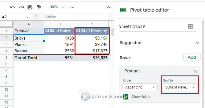sort by sum of revenue value in a google sheets pivot table ascending