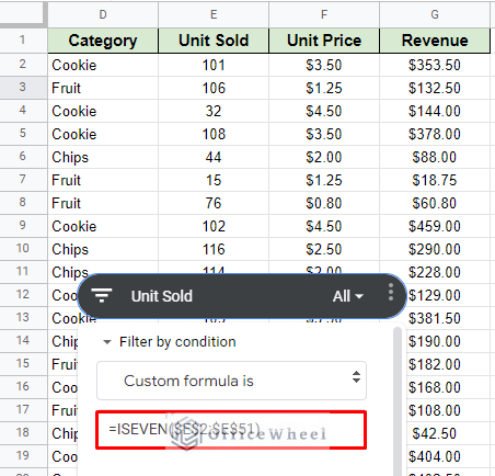 adding custom formula with ISEVEN filter by even numbers
