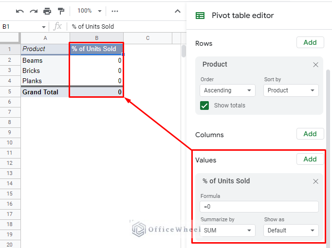 adding a new calculated field called % of units sold in a google sheets pivot table