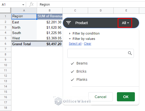 the slicer menu is the same as filter in google sheets