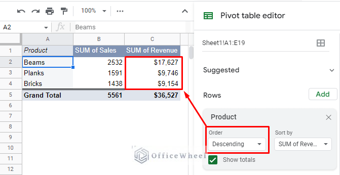 sorting by the descending order of values in a pivot table