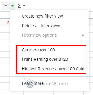 the list of all filter views in the current worksheet