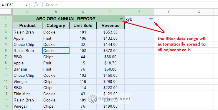 the filter data range will automatically spread to all adjacent cells