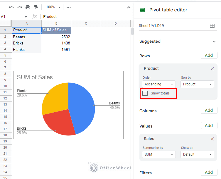 unchecking show totals option removes grand total from the google sheets pivot table row