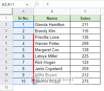 using the fill handle to autofill a series of numbers in google sheets