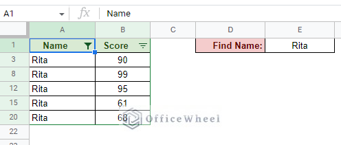 apply custom formula to match text and filter in google sheets