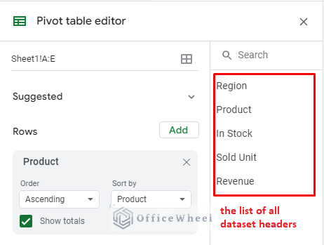 the list of source dataset headers in the pivot table editor