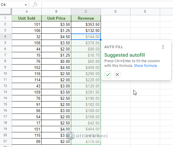 smart fill suggests autofill in google sheets