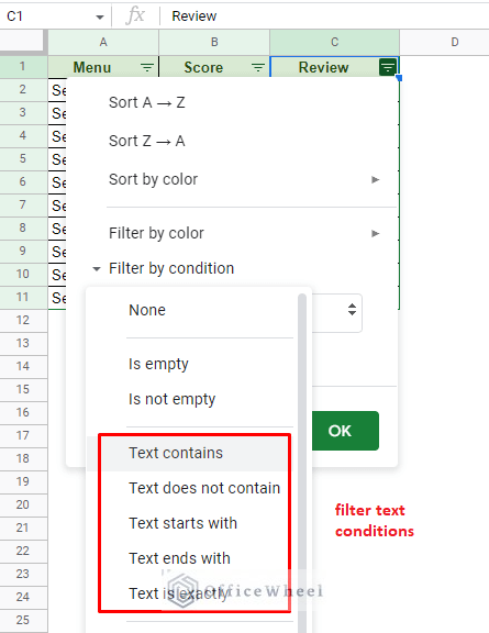 existing text conditions for filter