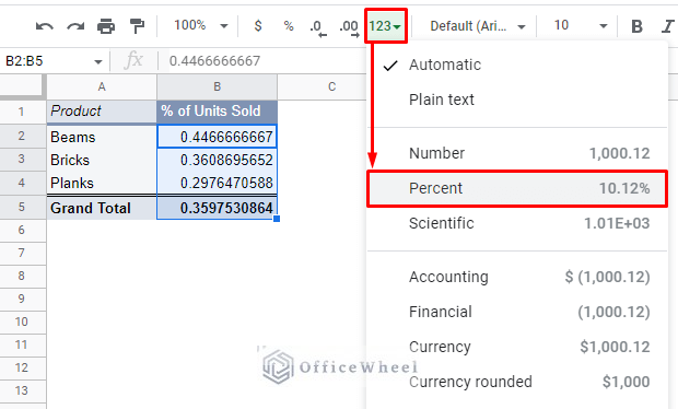 formatting the results to percentages from the toolbar