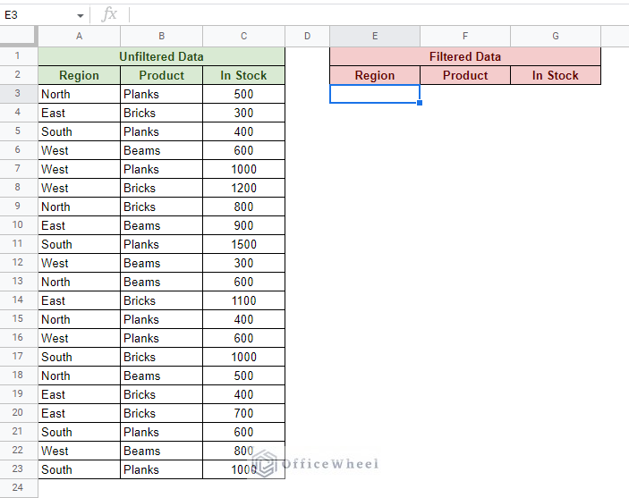 sample worksheet to filter with the and condition in google sheets