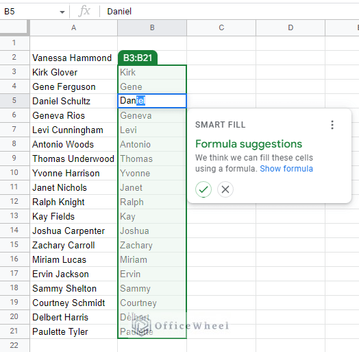 example smart fill suggestion in google sheets