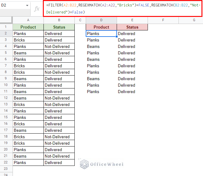 filter multiple does not contain value in google sheets in the and logic