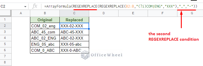 using nested regexreplace function to replace multiple values in google sheets
