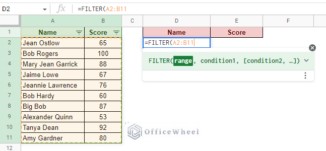 opening the filter function and adding the data range