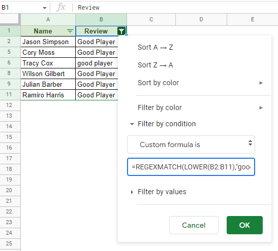 custom formula with regexmatch in google sheets filter menu