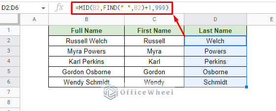 removing the first name from a string in google sheets using the mid function