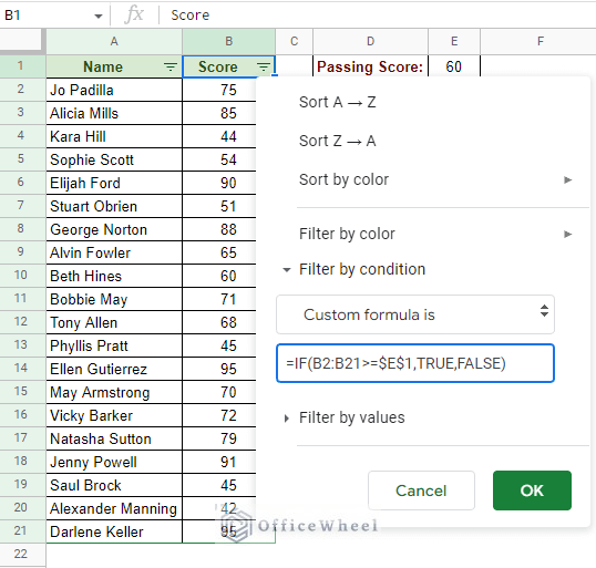 custom formula to filter by cell value in google sheets