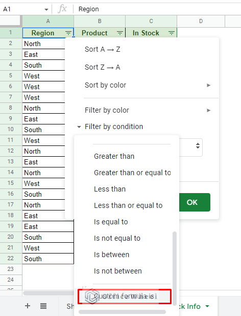 the custom formula is option in the filter menu