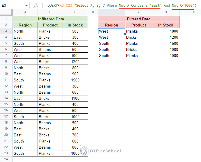 filter for multiple does not contain criteria in google sheets using query