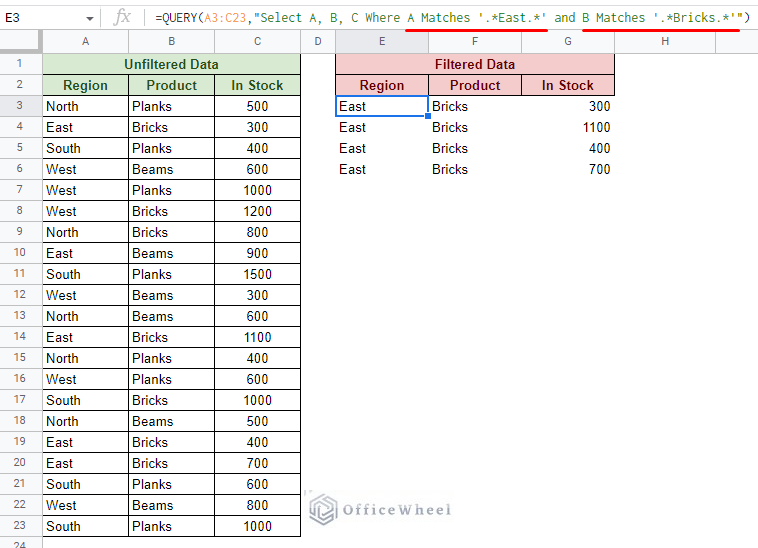 using the matches clause of query to filter multiple criteria in google sheets