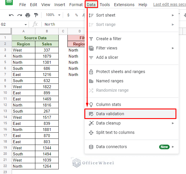 navigating to the data validation option from the data tab in google sheets