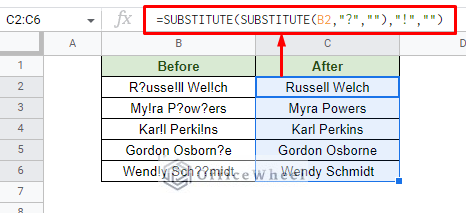 nested substitute functions to remove multiple special characters from a string in google sheets