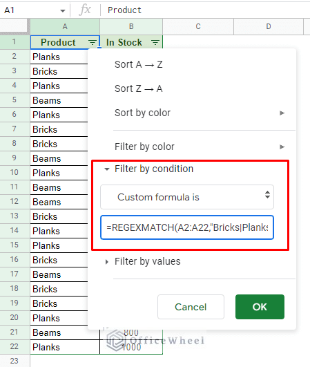 applying a custom formula in the filter menu of google sheets