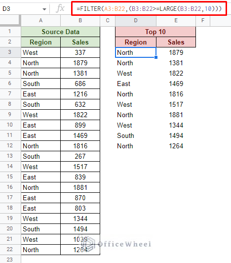 top 10 values with the filter and large function in google sheets
