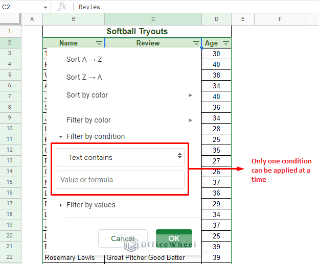 the default filter of google sheets cannot take more than one condition