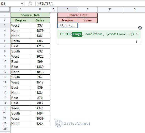 opening the filter function in a google sheets worksheet
