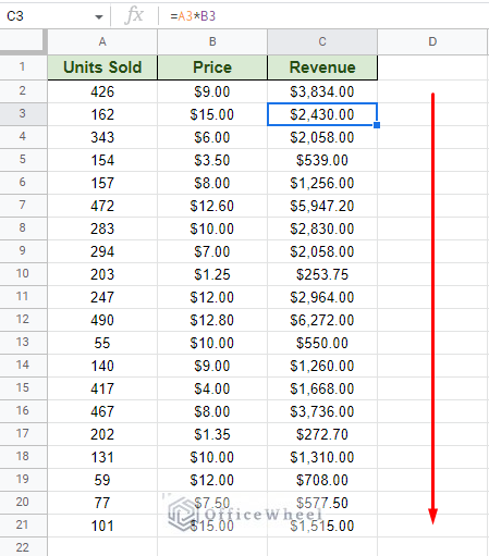 using the suggested autofill to fill down the entire column in google sheets